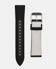 A photo shows the strap lying on a flat surface. One part has a buckle and the other part has a series of holes for an adjustable fit.