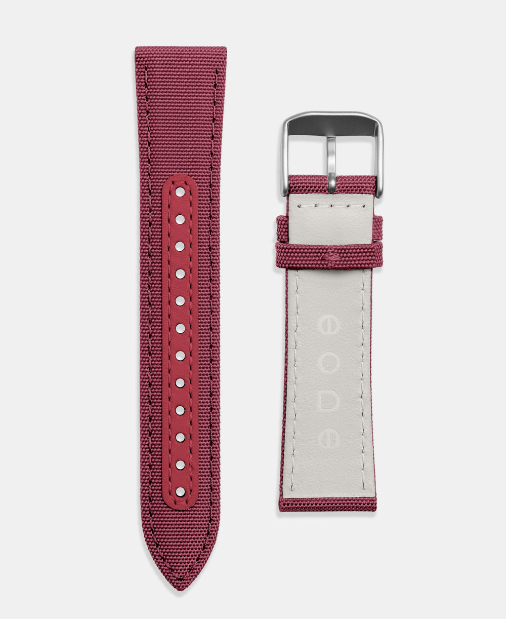 A photo shows the strap lying on a flat surface. One part has a buckle and the other part has a series of holes for an adjustable fit.