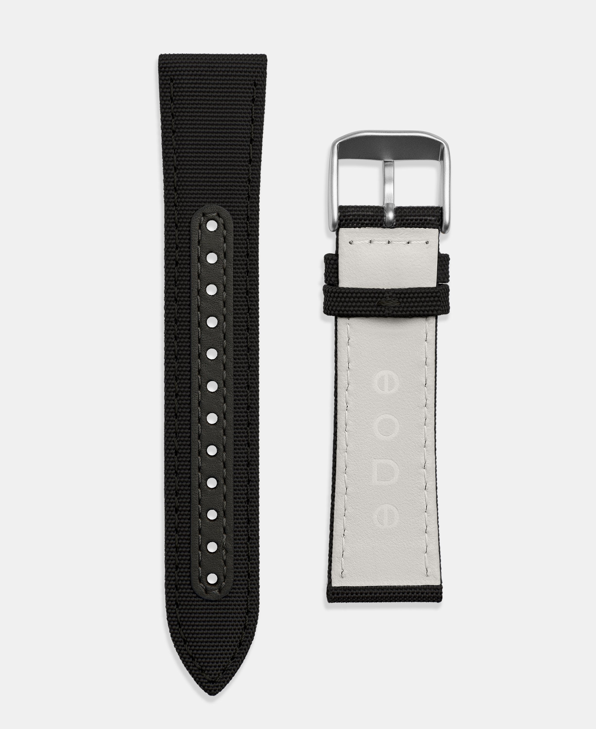 A photo shows the strap lying on a flat surface. One part has a buckle and the other part has a series of holes for an adjustable fit.