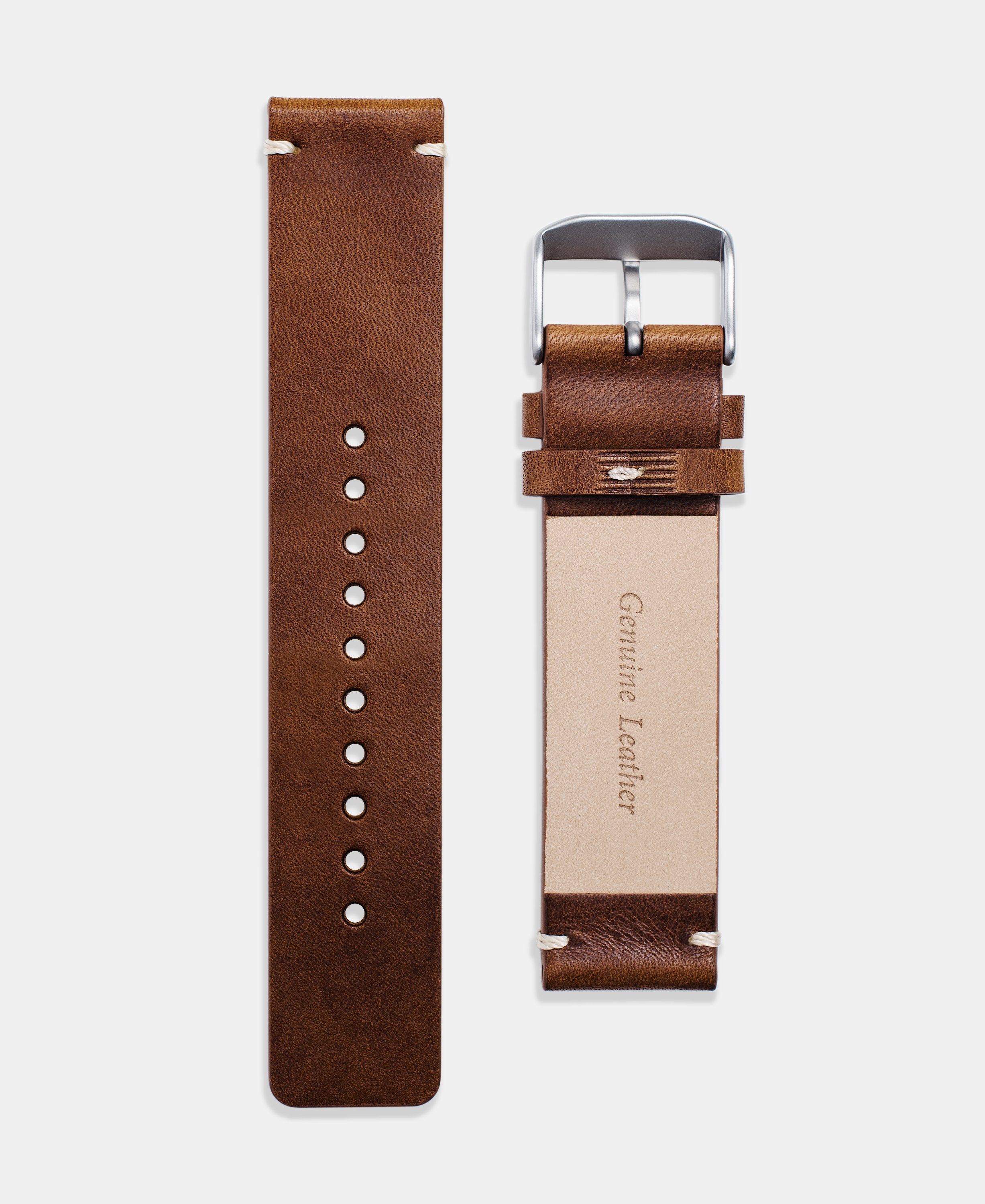 A photo shows the strap lying on a flat surface. One part has a buckle and the other part has a series of holes for an adjustable fit.