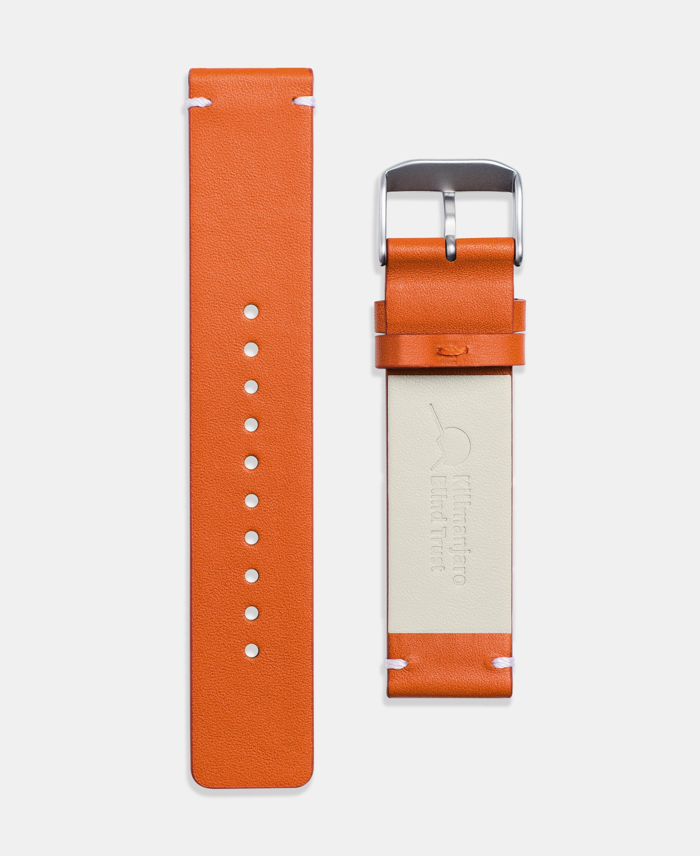 A photo shows the strap lying on a flat surface. One part has a buckle and the other part has a series of holes for an adjustable fit.