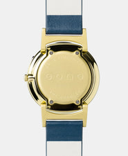 A photo of the back of the watch, showing the back plate engraved with the Eone logo.
