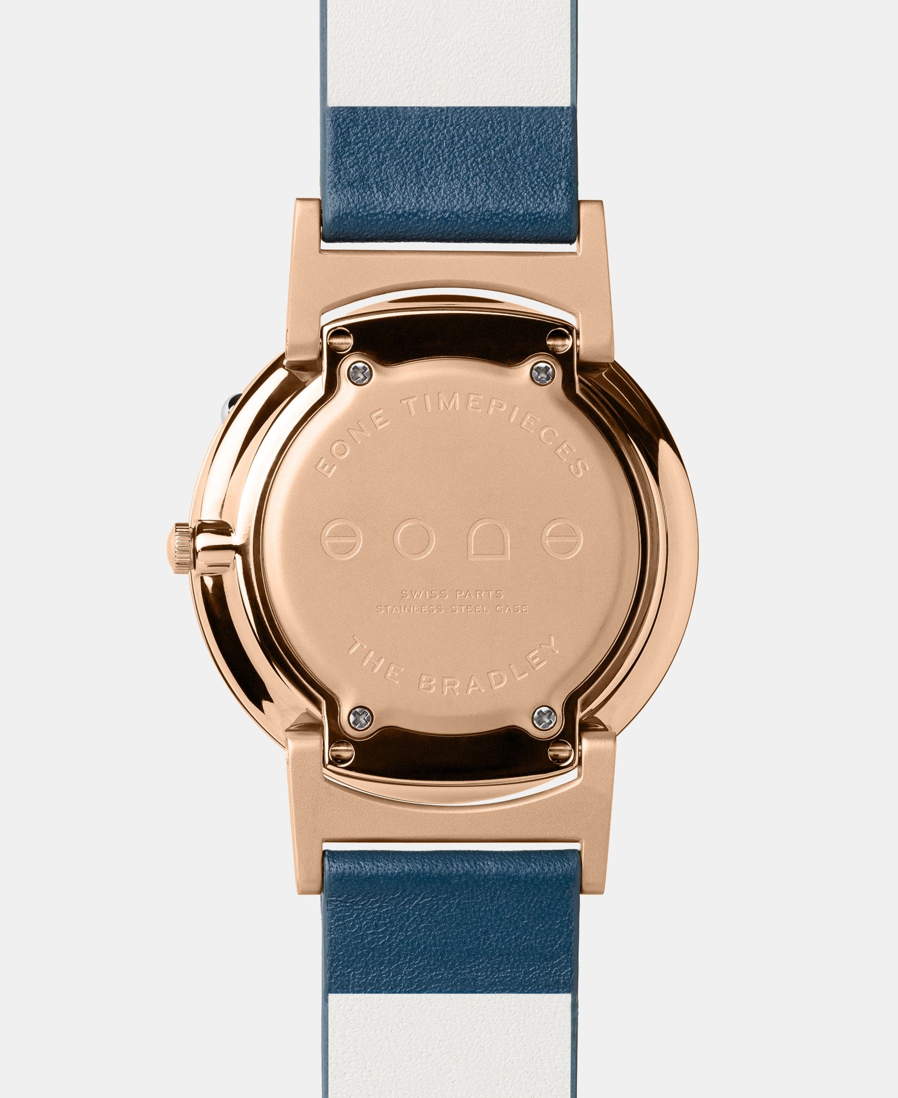 Load image into Gallery viewer, A photo of the back of the watch, showing the back plate engraved with the Eone logo.